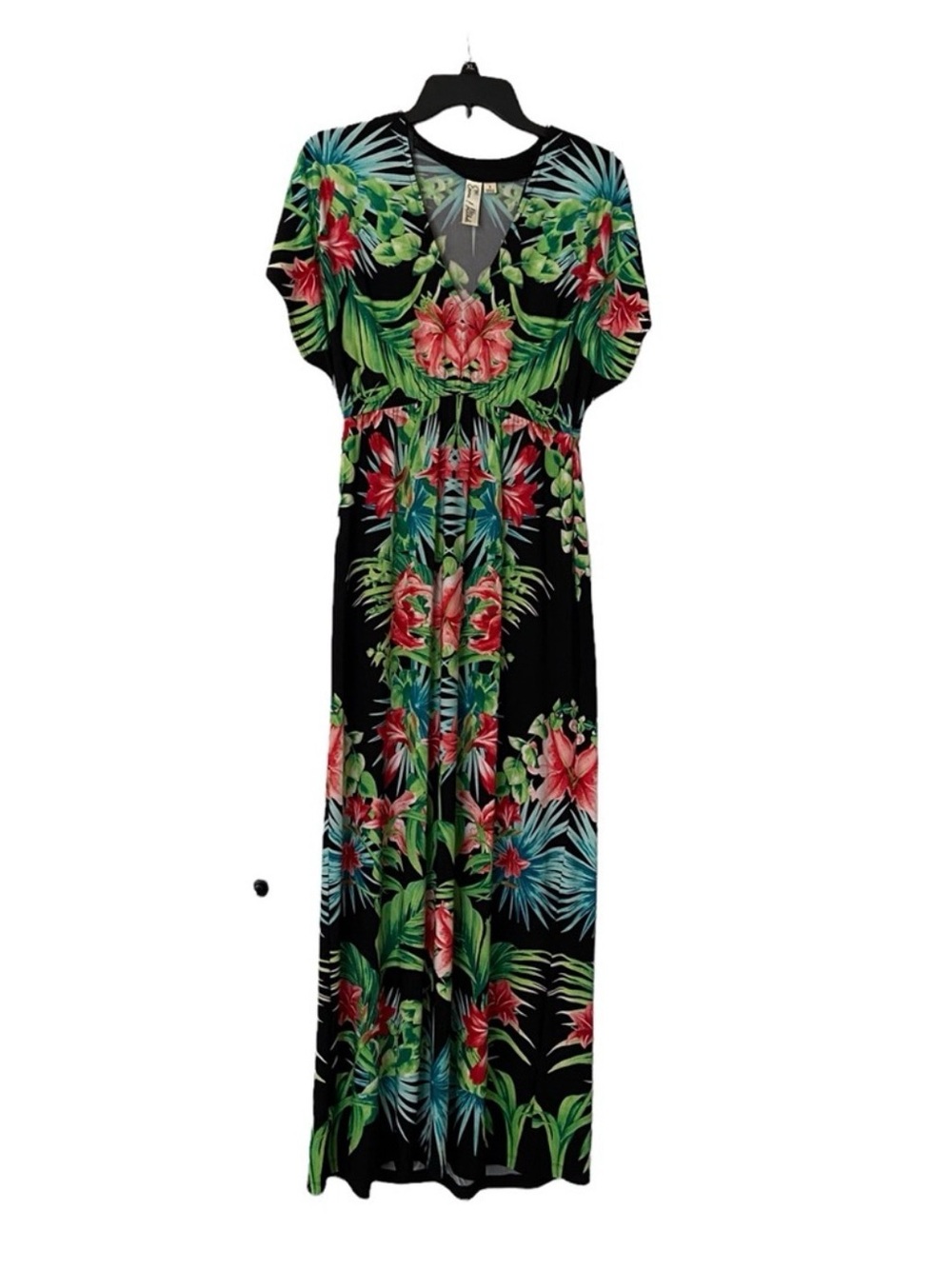 Emma & Michele Black Maxi Dress with Green & Pink Tropical Floral Print